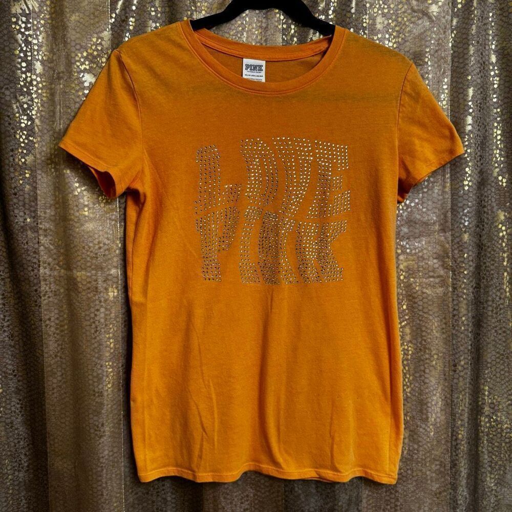 PINK Victorias Secret Orange Rhinestone Bling Love Pink T Shirt XS